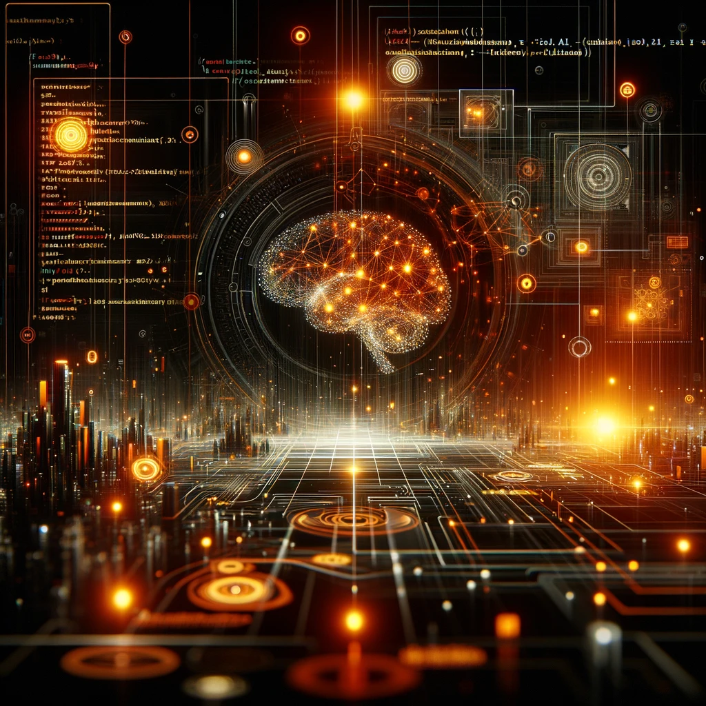 DALL·E 2024-02-16 12.01.36 - A conceptual visualization of software development at a high level, incorporating artificial intelligence. The mood of the image is driven by a striki